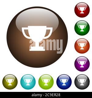 Trophy cup white icons on round color glass buttons Stock Vector