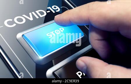 Coronavirus Combating Concept. Man Pressing a Blue Button to Stop Coronavirus or COVID-19. Economic Recovery Process after the Coronavirus Pandemic. Business Macro Photo. Stock Photo