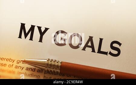 My Goals printed on page, luxury pen. Conclusion business or education concept Stock Photo