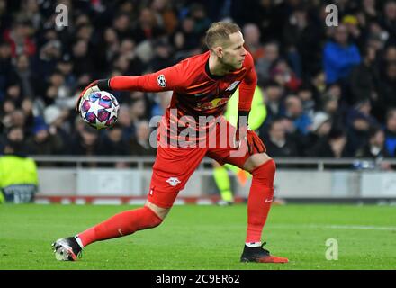 LONDON, ENGLAND - FEBRUARY 19, 2020: Peter Gulacsi of Leipzig pictured during the first leg of the 2019/20 UEFA Champions League Round of 16 game between Tottenham Hotspur FC and RB Leipzig at Tottenham Hotspur Stadium. Stock Photo