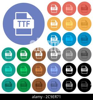 TTF file format multi colored flat icons on round backgrounds. Included white, light and dark icon variations for hover and active status effects, and Stock Vector