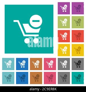Remove item from cart multi colored flat icons on plain square backgrounds. Included white and darker icon variations for hover or active effects. Stock Vector