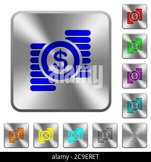 Dollar coins engraved icons on rounded square glossy steel buttons Stock Vector