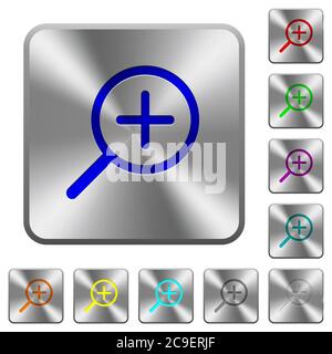 Zoom in engraved icons on rounded square glossy steel buttons Stock Vector