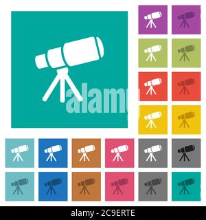Space telescope multi colored flat icons on plain square backgrounds. Included white and darker icon variations for hover or active effects. Stock Vector