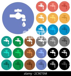 Water faucet with water drop multi colored flat icons on round backgrounds. Included white, light and dark icon variations for hover and active status Stock Vector