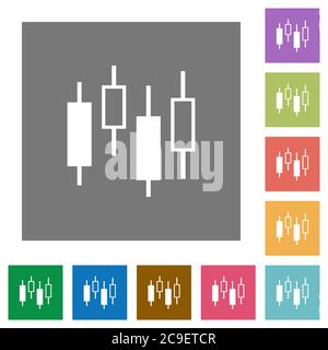 Candlestick chart flat icons on simple color square backgrounds Stock Vector