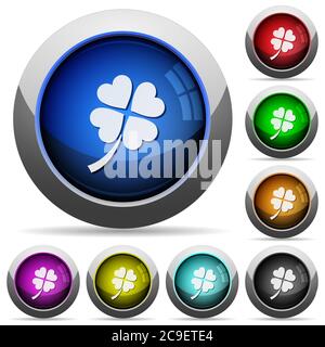 Four leaf clover icons in round glossy buttons with steel frames Stock Vector