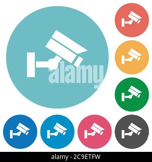 Security camera flat white icons on round color backgrounds Stock Vector