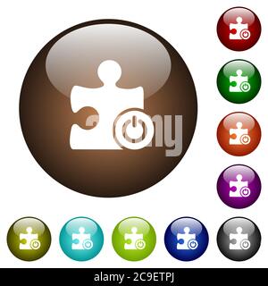 Switch on off plugin white icons on round color glass buttons Stock Vector