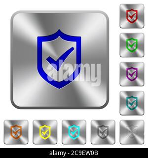 Active shield engraved icons on rounded square glossy steel buttons Stock Vector