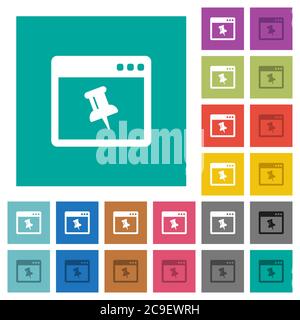 Application pin multi colored flat icons on plain square backgrounds. Included white and darker icon variations for hover or active effects. Stock Vector