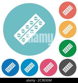 Batch of pills in blister pack flat white icons on round color backgrounds Stock Vector