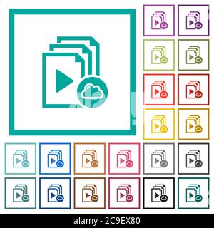 Cloud playlist flat color icons with quadrant frames on white background Stock Vector