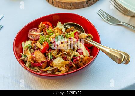 'Citted' an Apulian bread salad with fennel, cherry tomato and celery.. Gourmet Dish in Hotel Mühle in Binzen, Germany Stock Photo