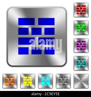 Brick wall engraved icons on rounded square glossy steel buttons Stock Vector