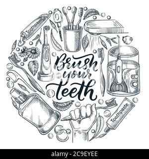 Brush your teeth calligraphy lettering poster, banner, or label design template. Vector sketch illustration of toothbrush in hand and toothpaste. Dent Stock Vector