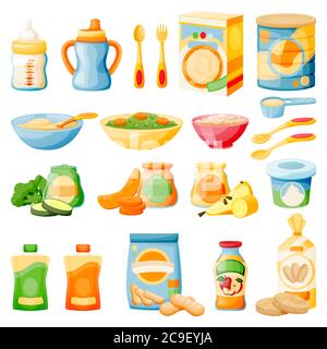 Baby healthy food in jars, bottles and boxes. Kids meal icons set, isolated on white background. Vector flat cartoon illustration of fruit and vegetab Stock Vector
