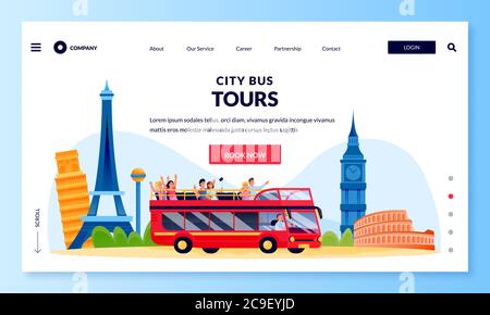City bus tour in double decker, banner poster design template. Vector flat cartoon illustration of group of tourists on excursion in Europe. Travel an Stock Vector
