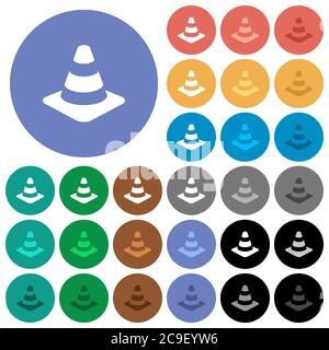 Traffic cone multi colored flat icons on round backgrounds. Included white, light and dark icon variations for hover and active status effects, and bo Stock Vector
