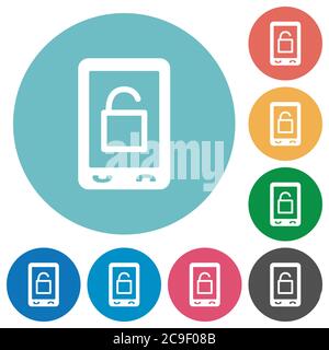 Smartphone unlock flat white icons on round color backgrounds Stock Vector