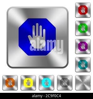 Octagon shaped stop sign engraved icons on rounded square glossy steel buttons Stock Vector