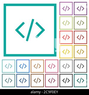 Script code flat color icons with quadrant frames on white background Stock Vector