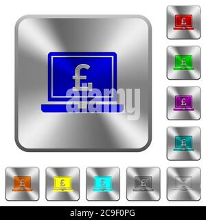 Laptop with Pound sign engraved icons on rounded square glossy steel buttons Stock Vector