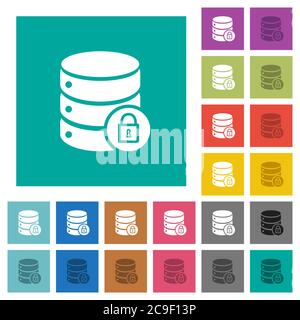 Database lock multi colored flat icons on plain square backgrounds. Included white and darker icon variations for hover or active effects. Stock Vector
