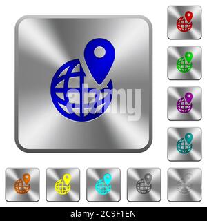 GPS location with globe symbol engraved icons on rounded square glossy steel buttons Stock Vector