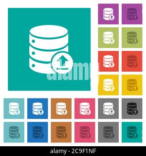 Restore database multi colored flat icons on plain square backgrounds. Included white and darker icon variations for hover or active effects. Stock Vector