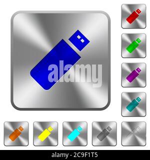 Pendrive engraved icons on rounded square glossy steel buttons Stock Vector