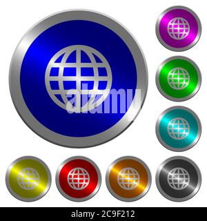 Globe icons on round luminous coin-like color steel buttons Stock Vector