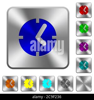 Clock engraved icons on rounded square glossy steel buttons Stock Vector