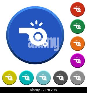 Whistle round color beveled buttons with smooth surfaces and flat white icons Stock Vector