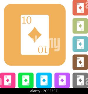 Ten of diamonds card flat icons on rounded square vivid color backgrounds. Stock Vector