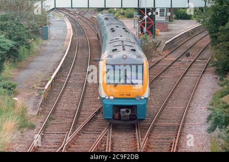 Helsby, UK - 21 July 2020: A Transport for Wales passenger train leaving Helsby Junction. Stock Photo