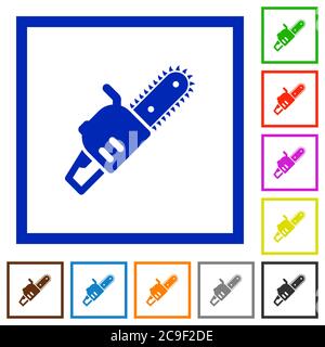 Chainsaw flat color icons in square frames on white background Stock Vector