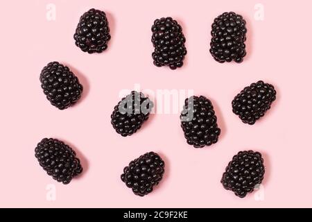 Blackberries on a pink background in a top view Stock Photo