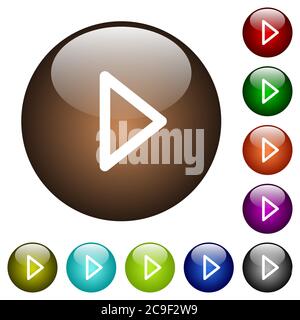 Media play white icons on round color glass buttons Stock Vector
