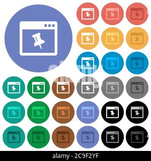 Application pin multi colored flat icons on round backgrounds. Included white, light and dark icon variations for hover and active status effects, and Stock Vector