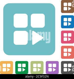 Component play white flat icons on color rounded square backgrounds Stock Vector