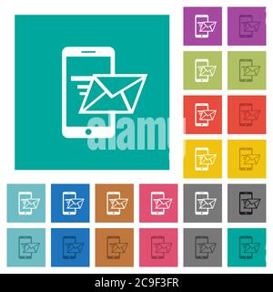 Sending email from mobile phone multi colored flat icons on plain square backgrounds. Included white and darker icon variations for hover or active ef Stock Vector