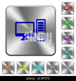 Desktop computer engraved icons on rounded square glossy steel buttons Stock Vector