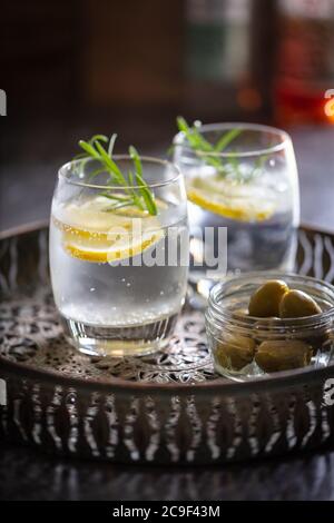 Alcoholic drinks (gin tonic cocktails) with lemon rosemary and ice on a burnished metal drinks tray.  Copy space. Portrait Stock Photo