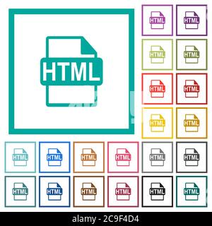 HTML file format flat color icons with quadrant frames on white background Stock Vector