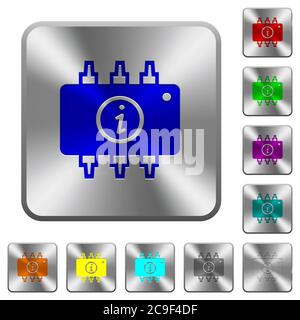 Hardware info engraved icons on rounded square glossy steel buttons Stock Vector