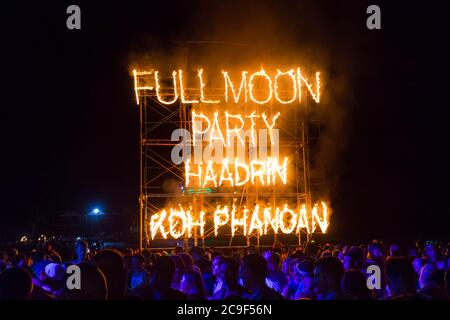 Full moon party sing in fire at Haadrin, Koh phangan, Thialand Stock Photo