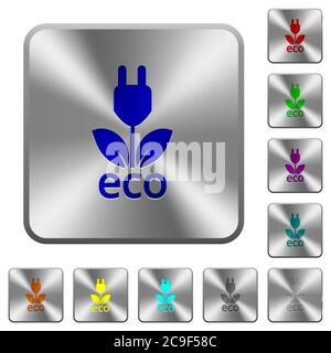 Eco energy engraved icons on rounded square glossy steel buttons Stock Vector