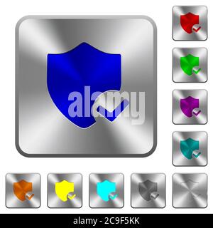 Protection ok engraved icons on rounded square glossy steel buttons Stock Vector